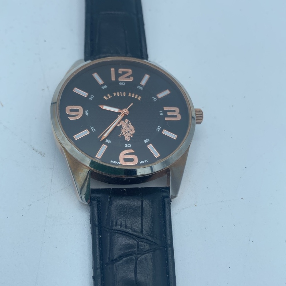 US Polo Assn rose gold tone wristwatch faux leather black band needs battery